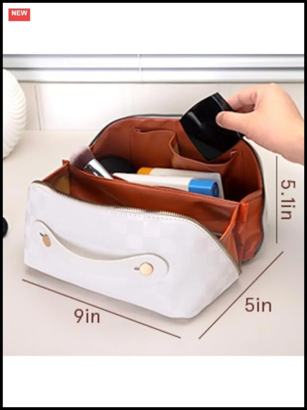 Checkered Makeup Bag - Waterproof PU Leather Large Capacity Travel Toiletry